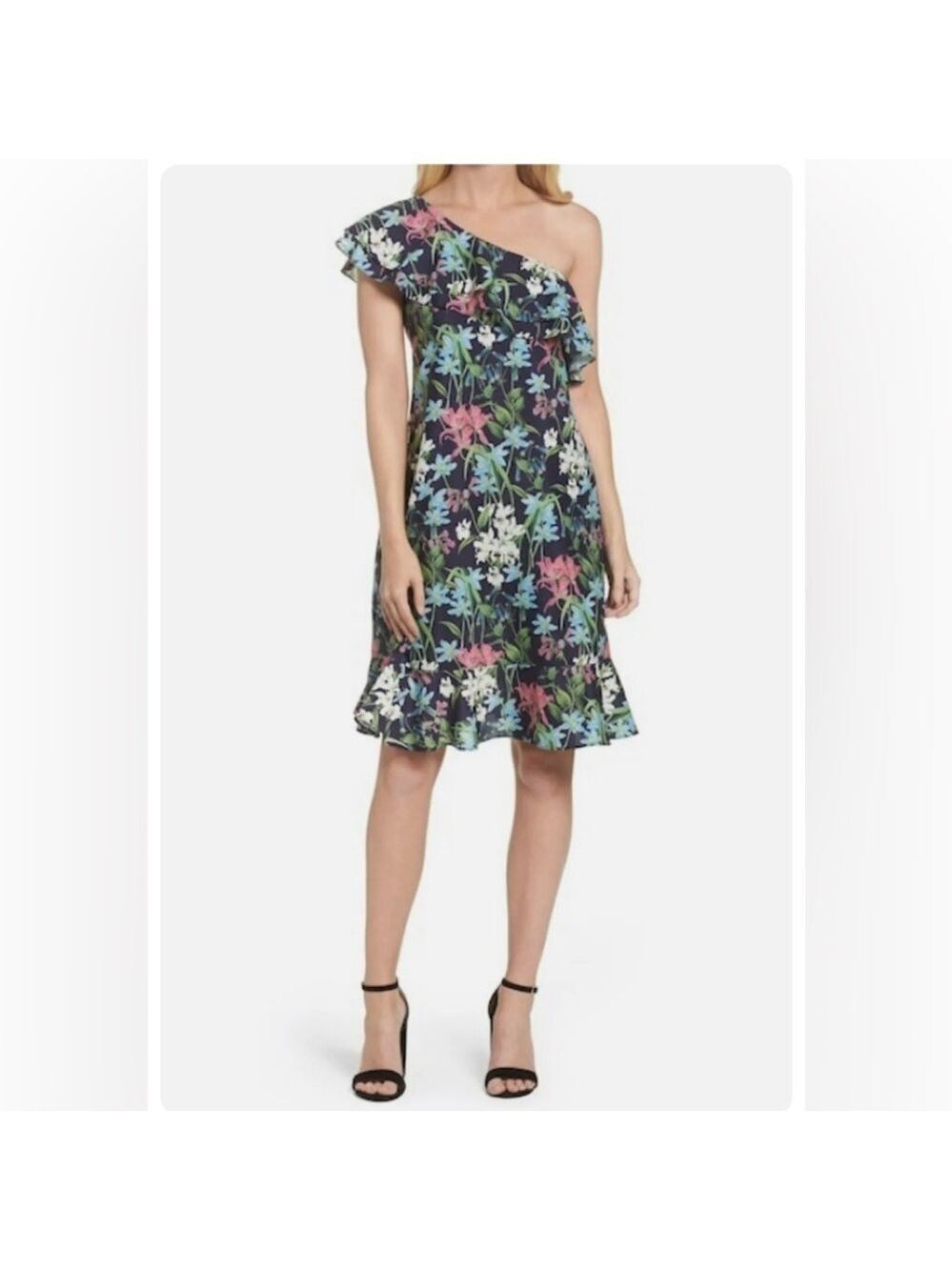 Chelsea28 One Shoulder Ruffle Bust And Hem Navy Floral Dress SZ 10